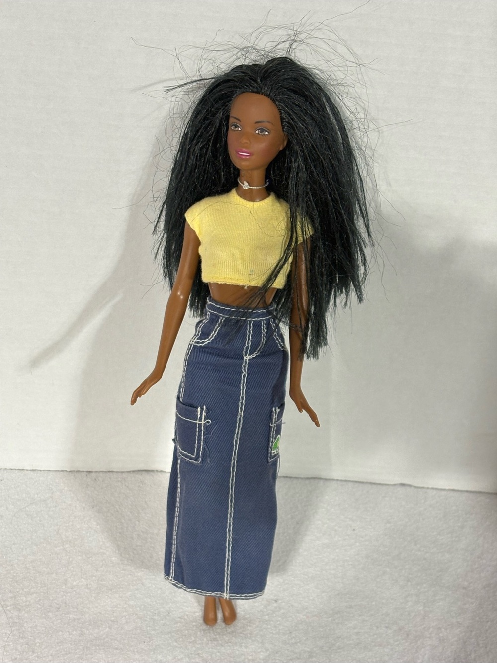 Barbie Doll with Yellow Cropped Top and Navy Denim Skirt